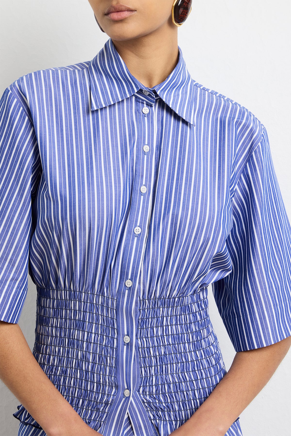 The Harte Smocked Button Up Top in Navy Striped Cotton
