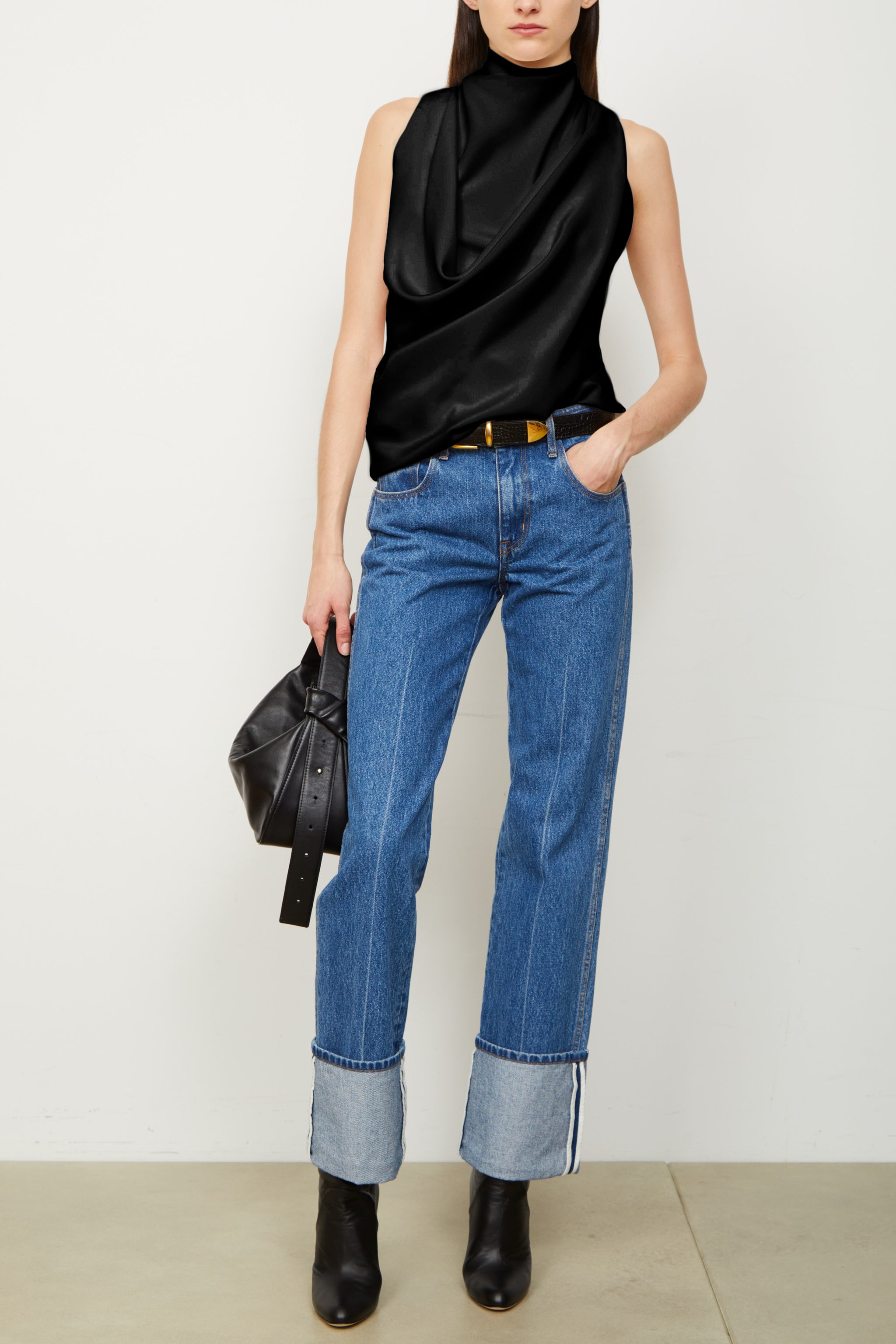 Alexa Top - Denim Floral Print - Denim with Navy Cuffs