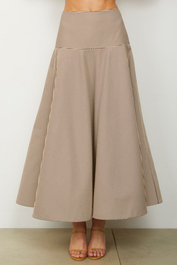 The Poppy Ankle Length Skirt W/ Sash Belt in Chocolate Stripe