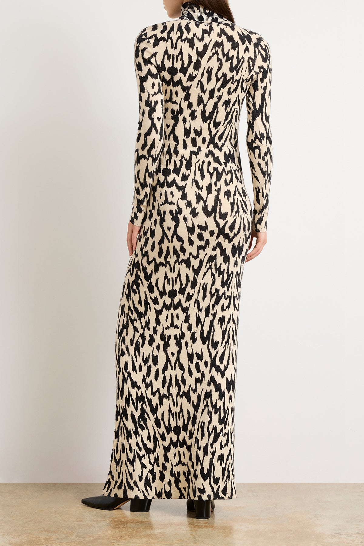 The Camille Hand Printed Cashmere Turtleneck Dress in Abstract Leopard