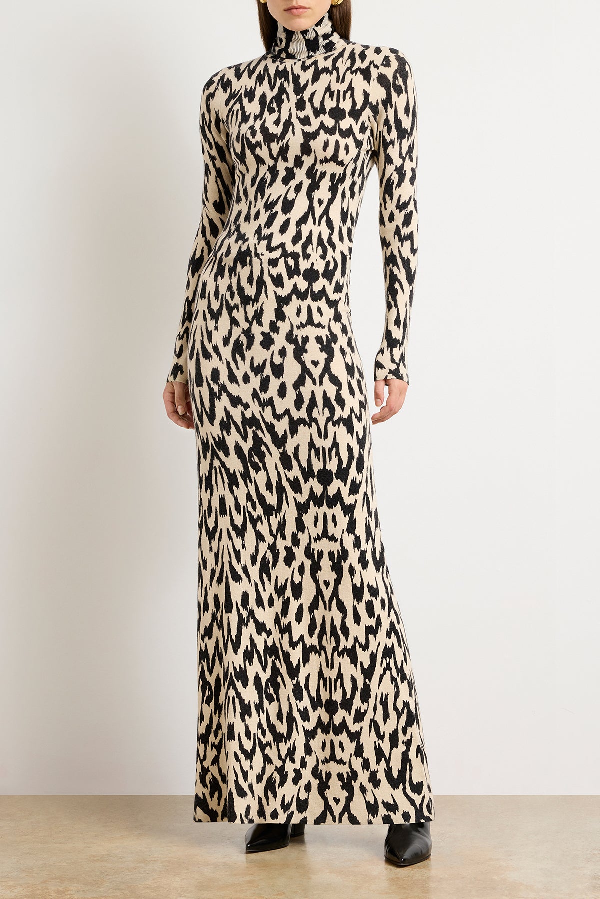 The Camille Hand Printed Cashmere Turtleneck Dress in Abstract Leopard