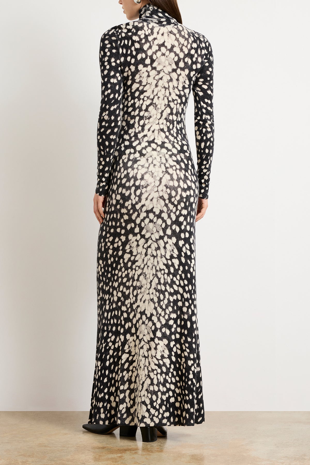 The Camille Hand Printed Cashmere Turtleneck Dress in Snow Leopard