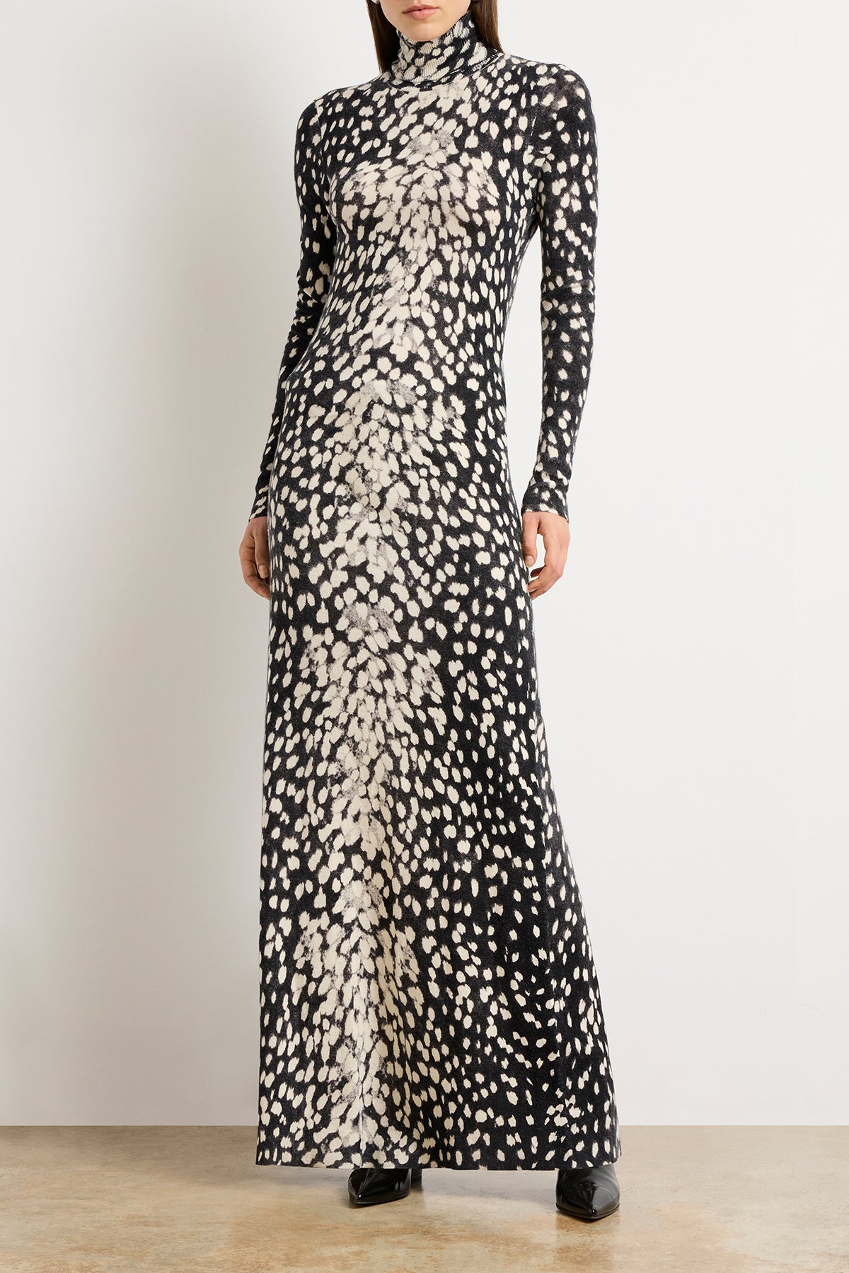 The Camille Hand Printed Cashmere Turtleneck Dress in Snow Leopard
