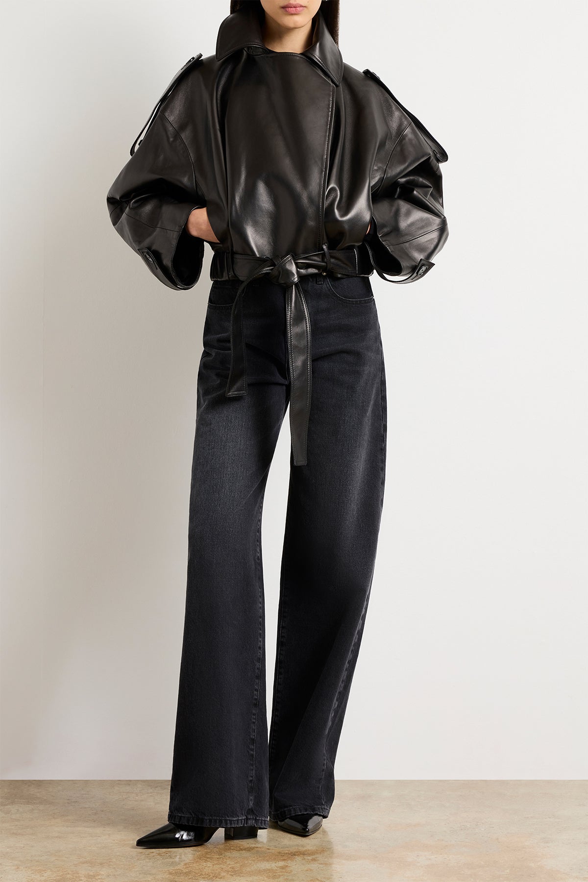 The Collins Cropped Trench in Black Nappa Leather