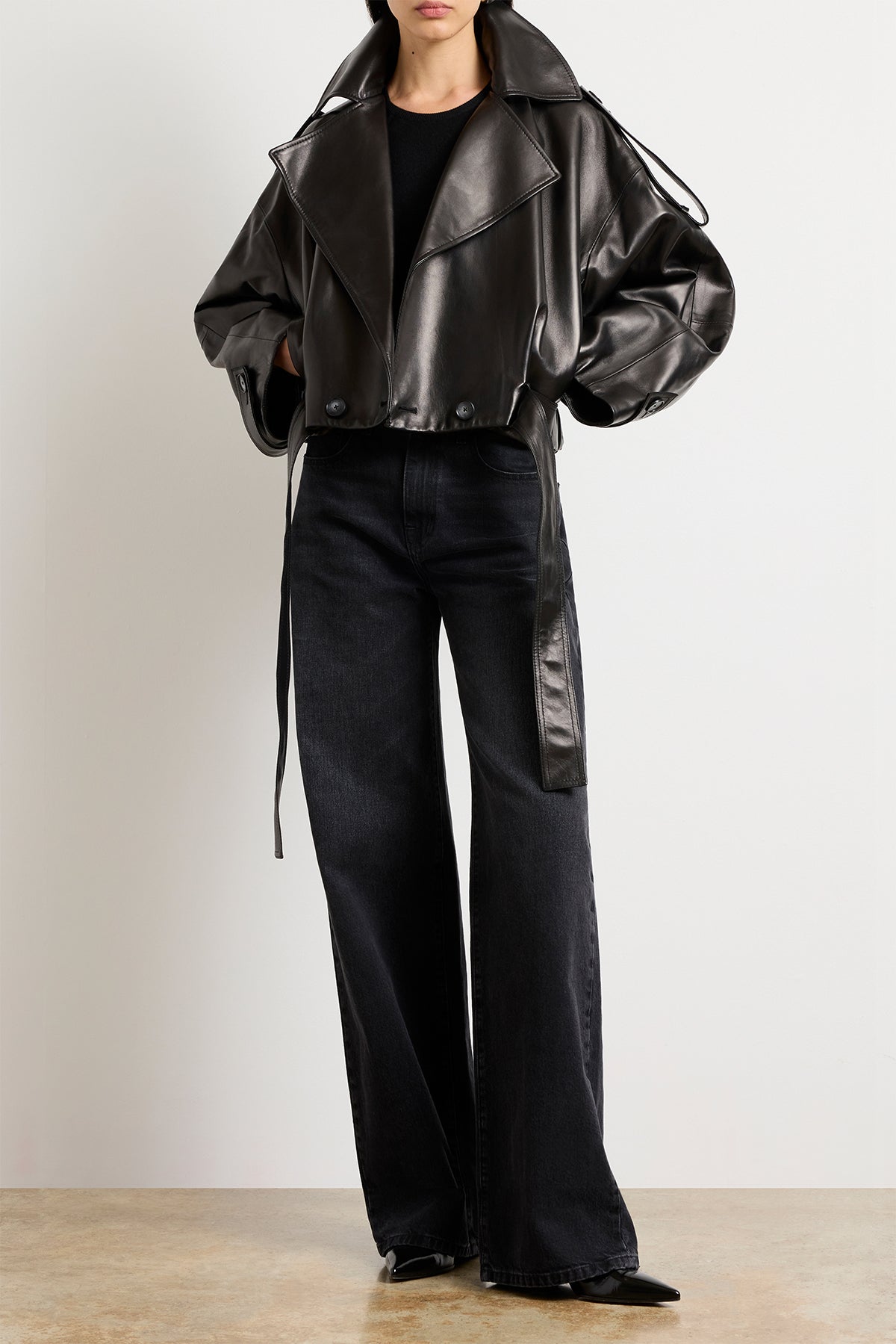 The Collins Cropped Trench in Black Nappa Leather