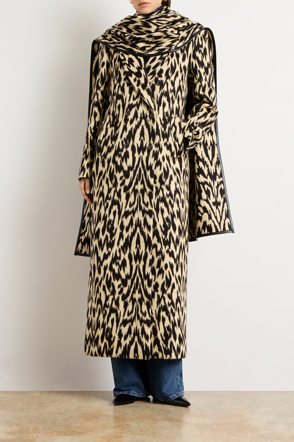 The Demi Double Breasted Coat with Scarf in Abstract Leopard