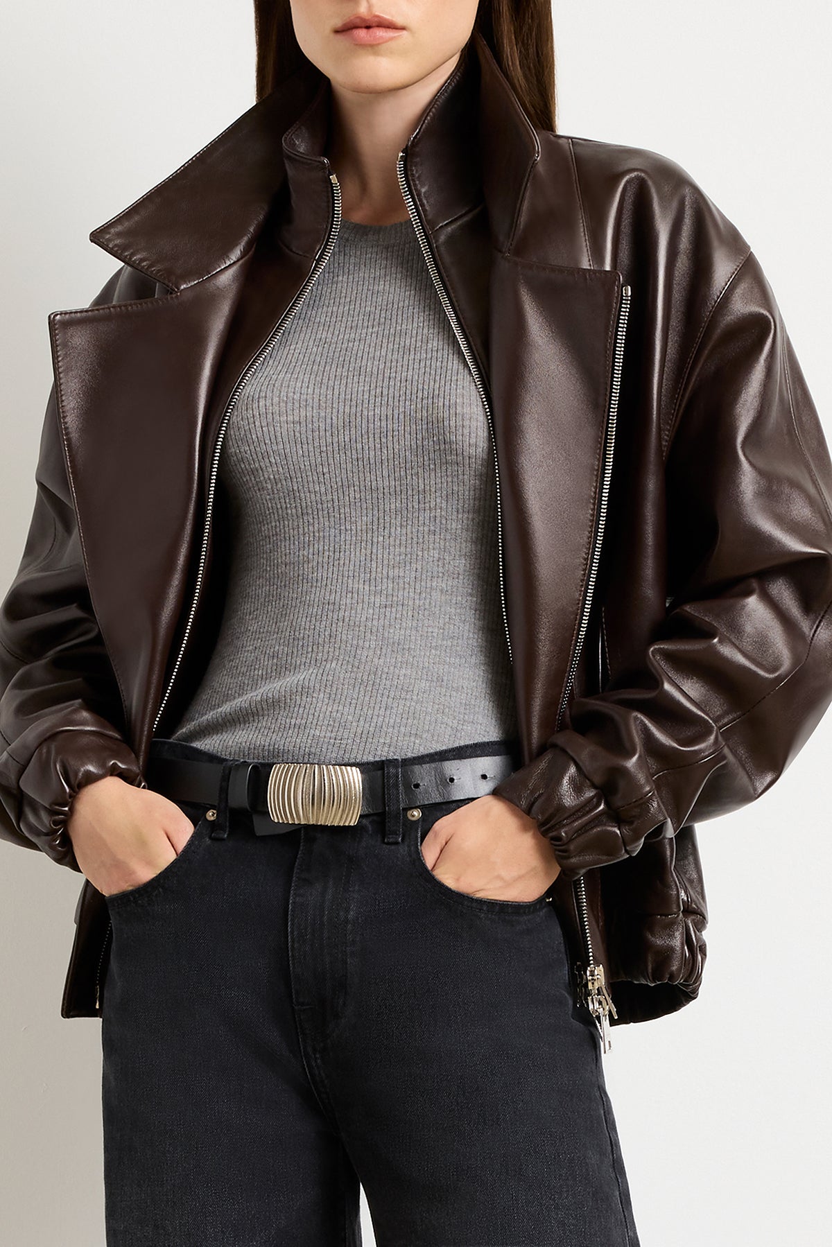The Emmett Double Zip Leather Moto Jacket in Chocolate Brown