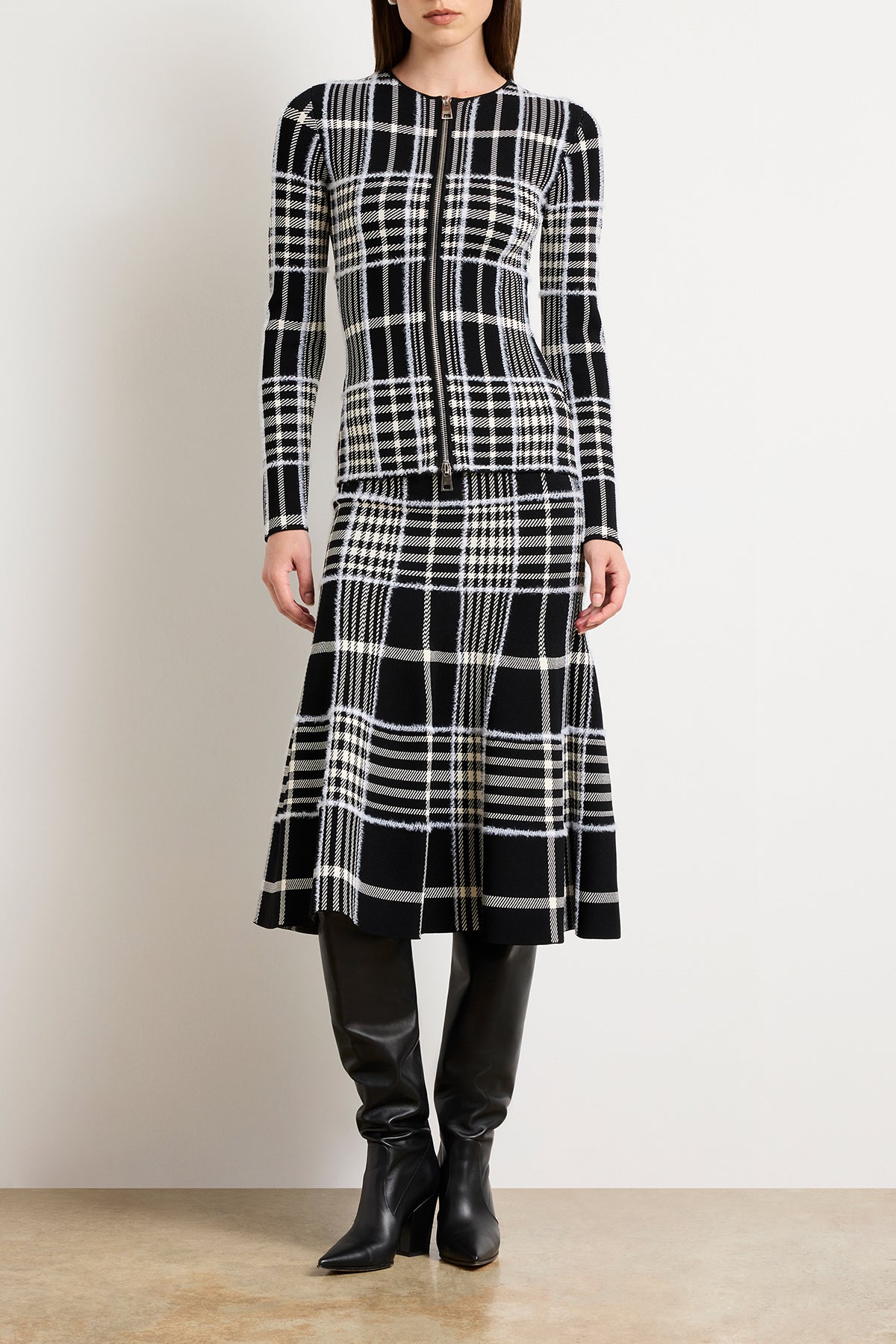 The Greer Zip Front Plaid Jacquard Knit Cardigan in Black Plaid