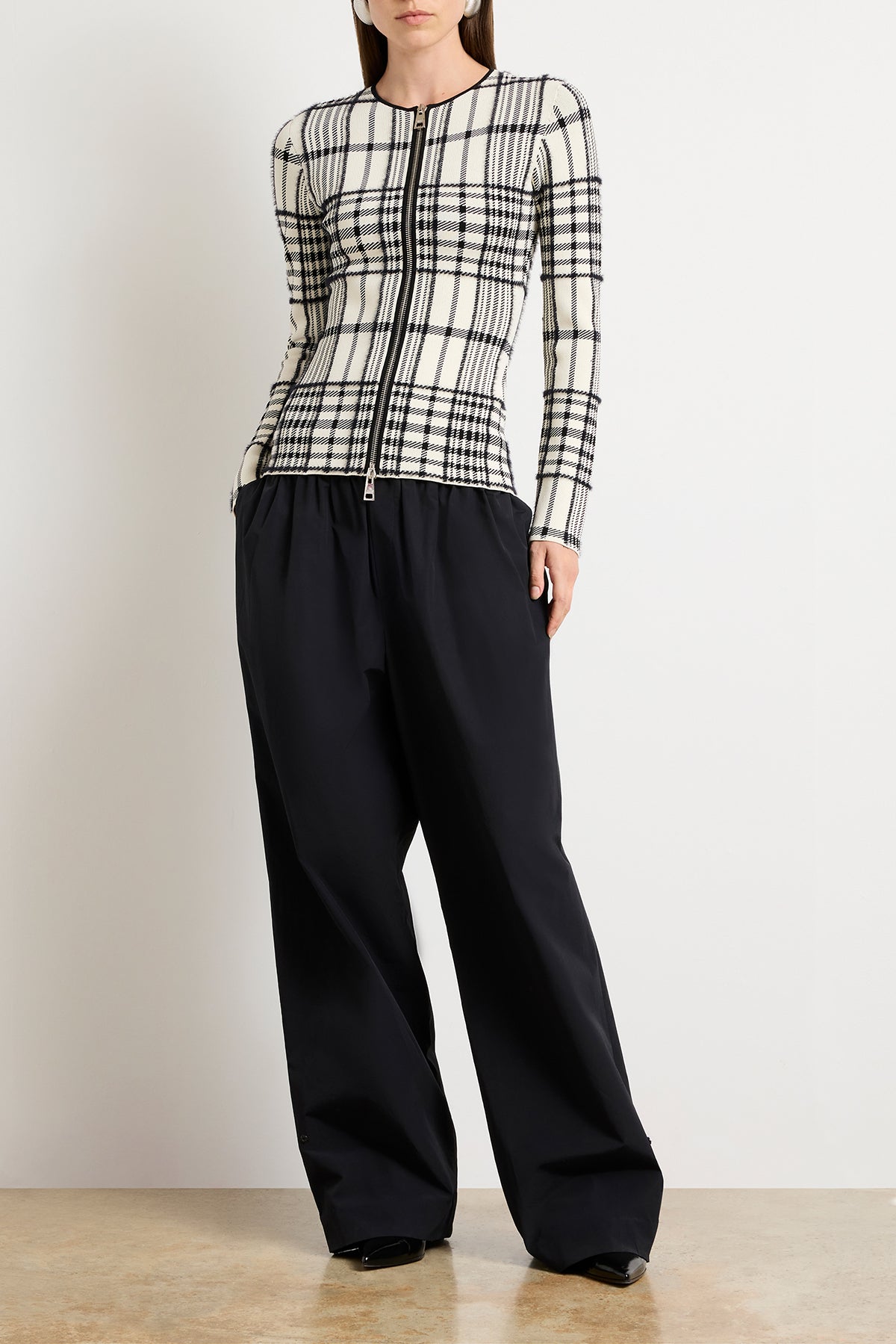 The Greer Zip Front Plaid Jacquard Knit Cardigan in Ivory Plaid