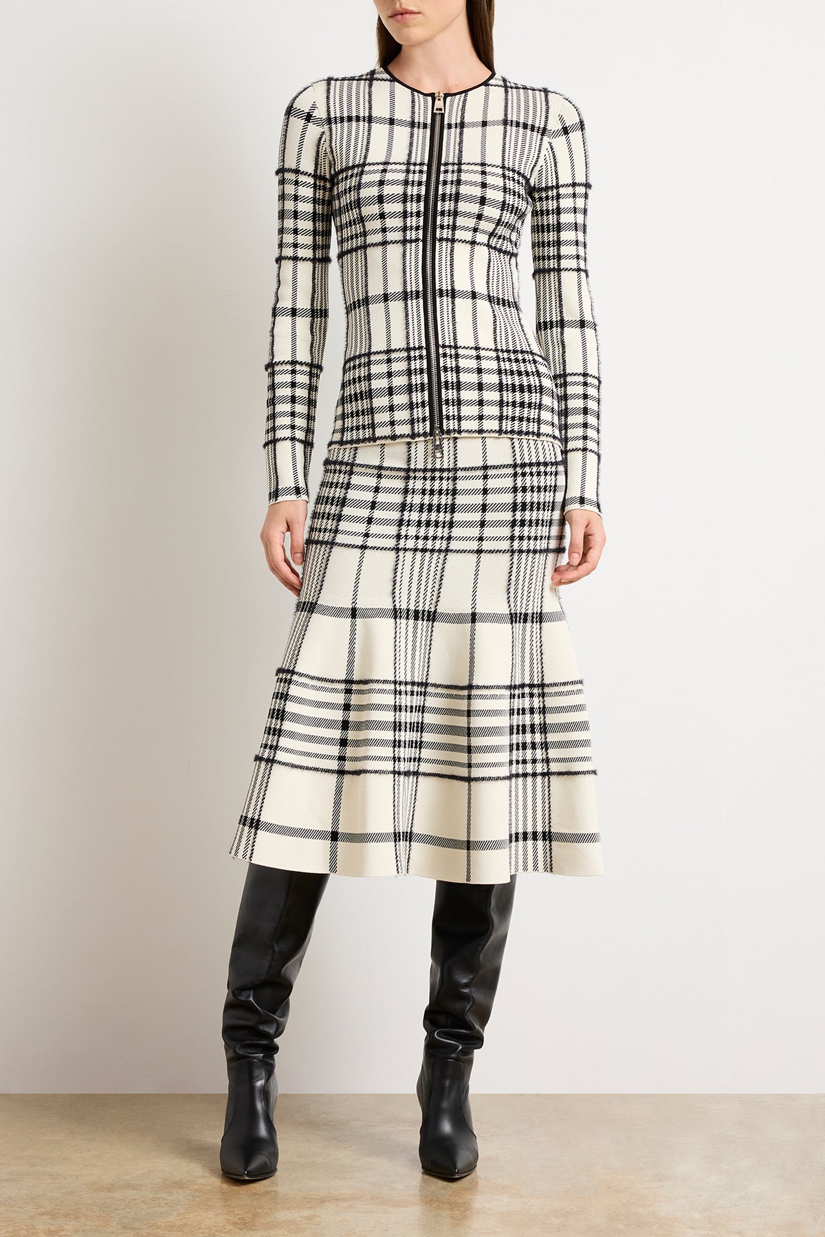 The Greer Zip Front Plaid Jacquard Knit Cardigan in Ivory Plaid