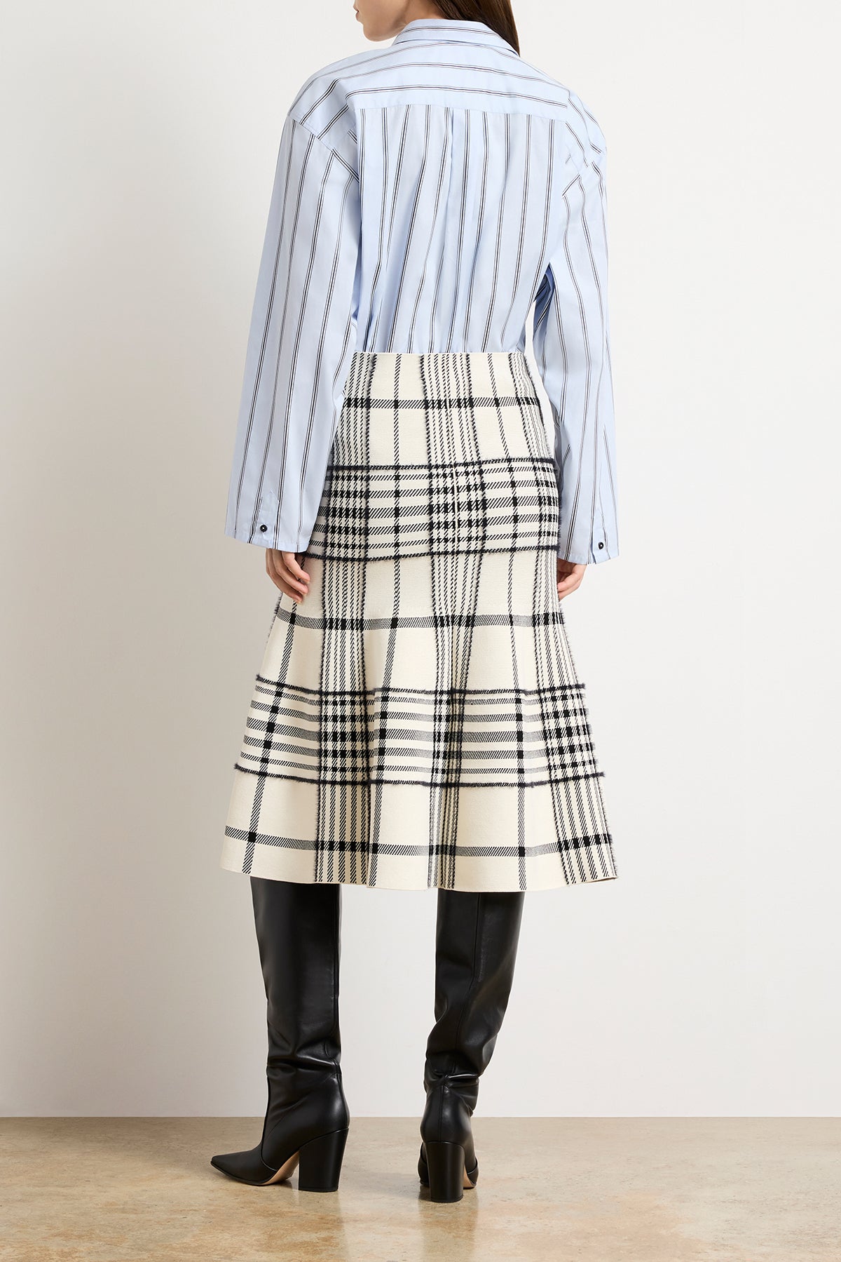 The Rory Flare Knit Skirt with Jacquard Plaid in Ivory Plaid