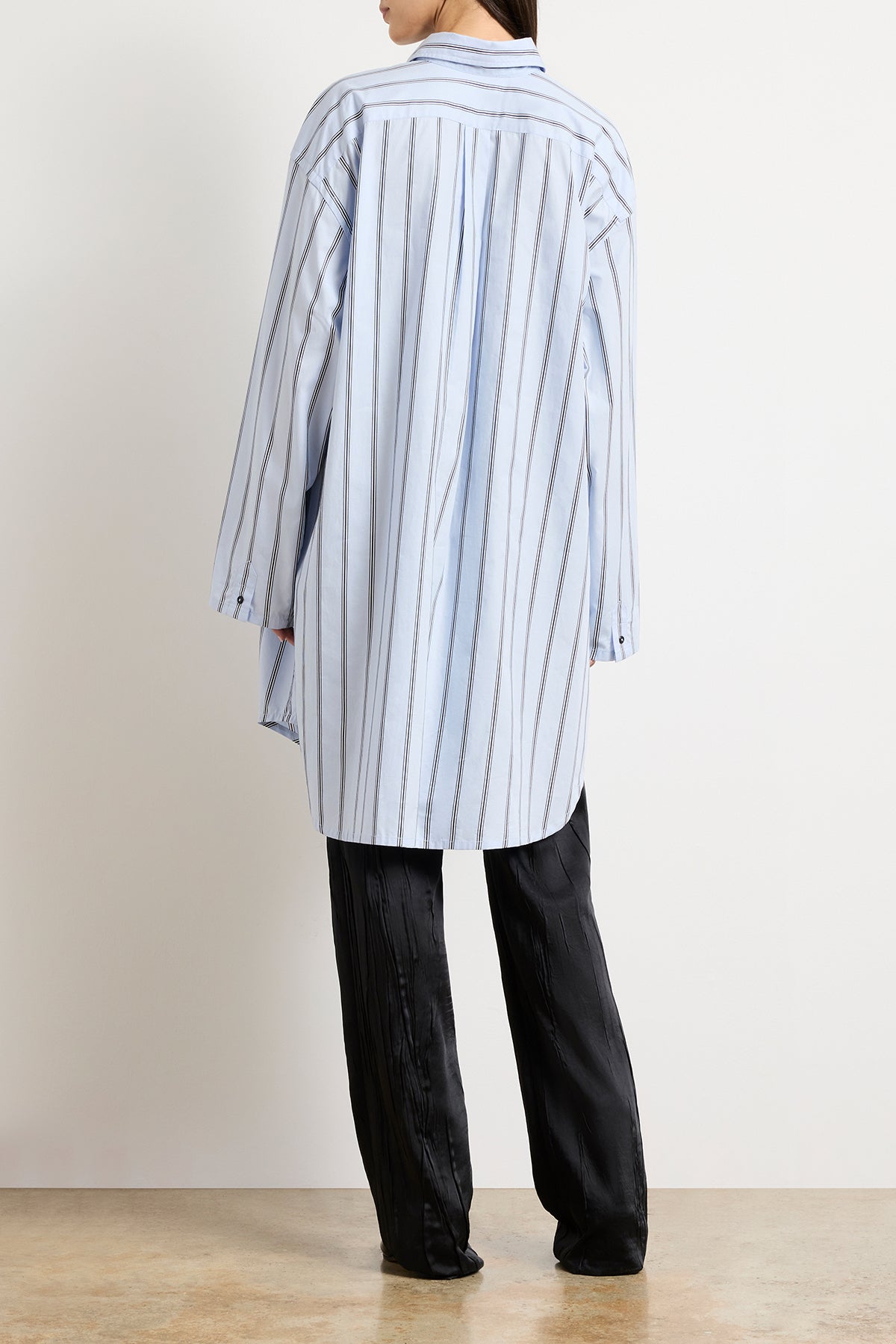 The Long Javi Boxy Button Down Shirt in Blue & Black Stripe