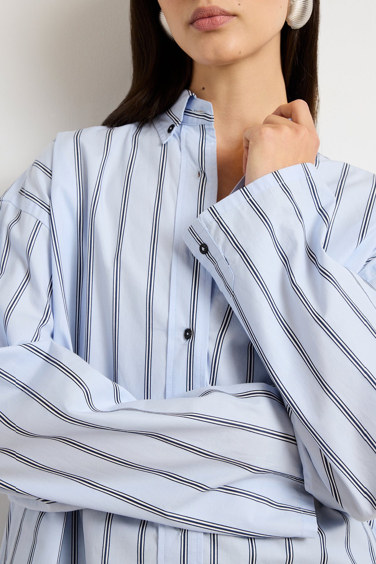 The Long Javi Boxy Button Down Shirt in Blue & Black Stripe