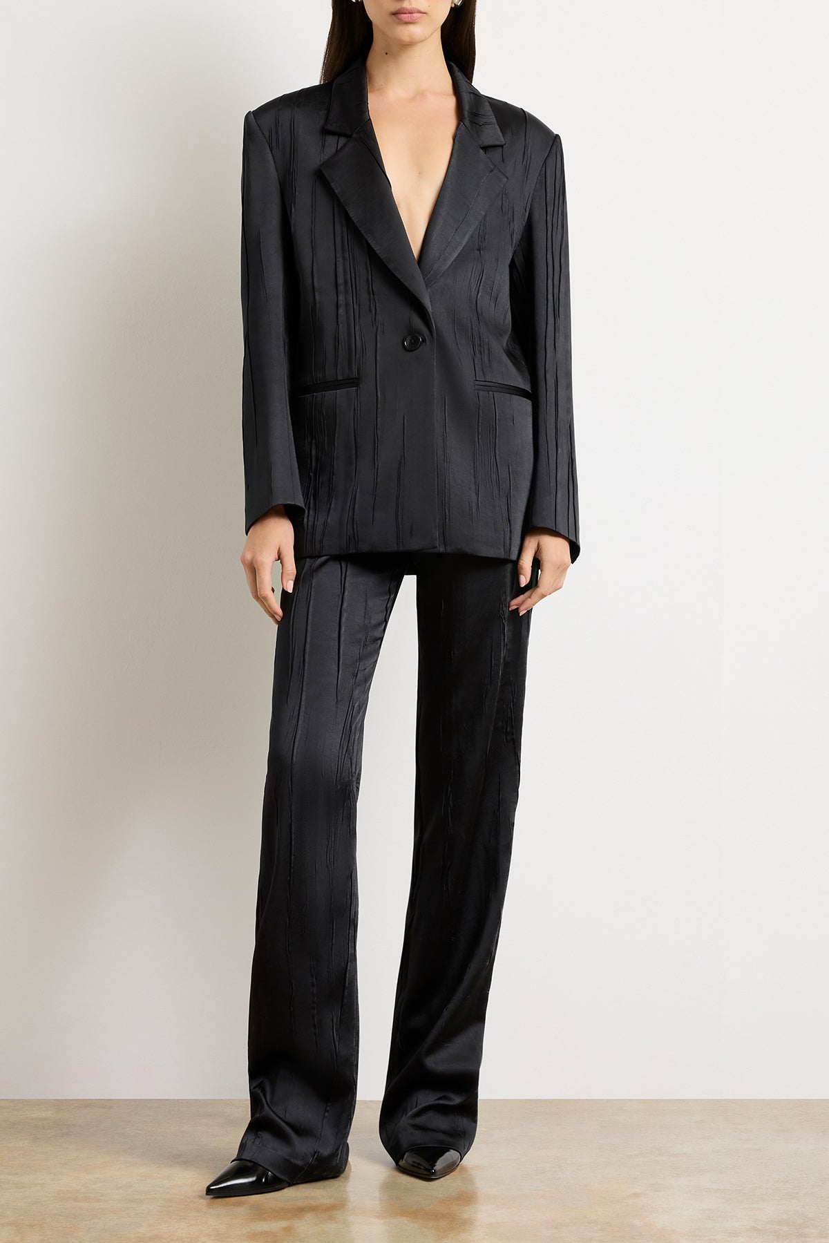 The Nell Crushed Satin Single Breasted Blazer in Black