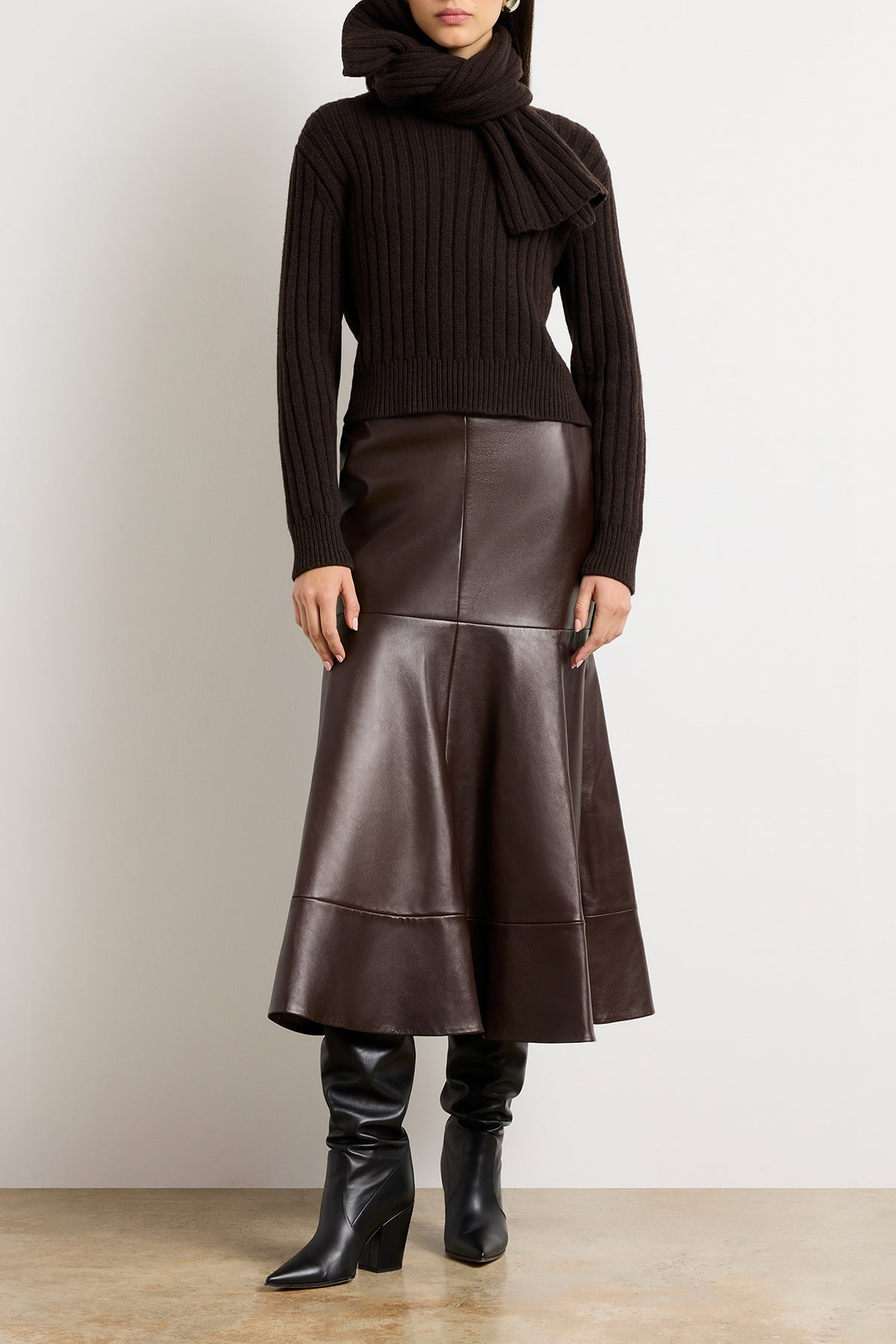The Ryan Ribbed Scarf Sweater in Chocolate Brown