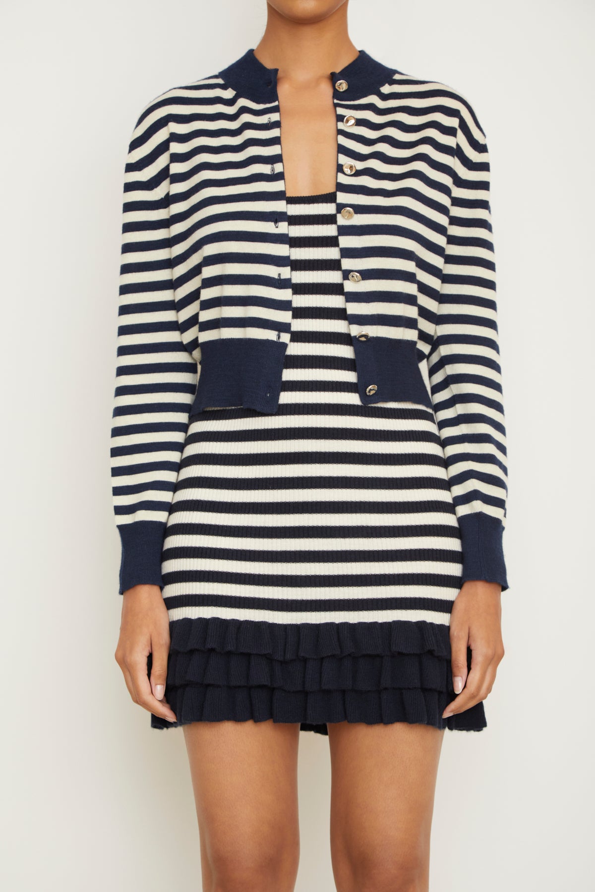 The Aubrey Cashmere Cardigan in Navy and Ivory Stripe