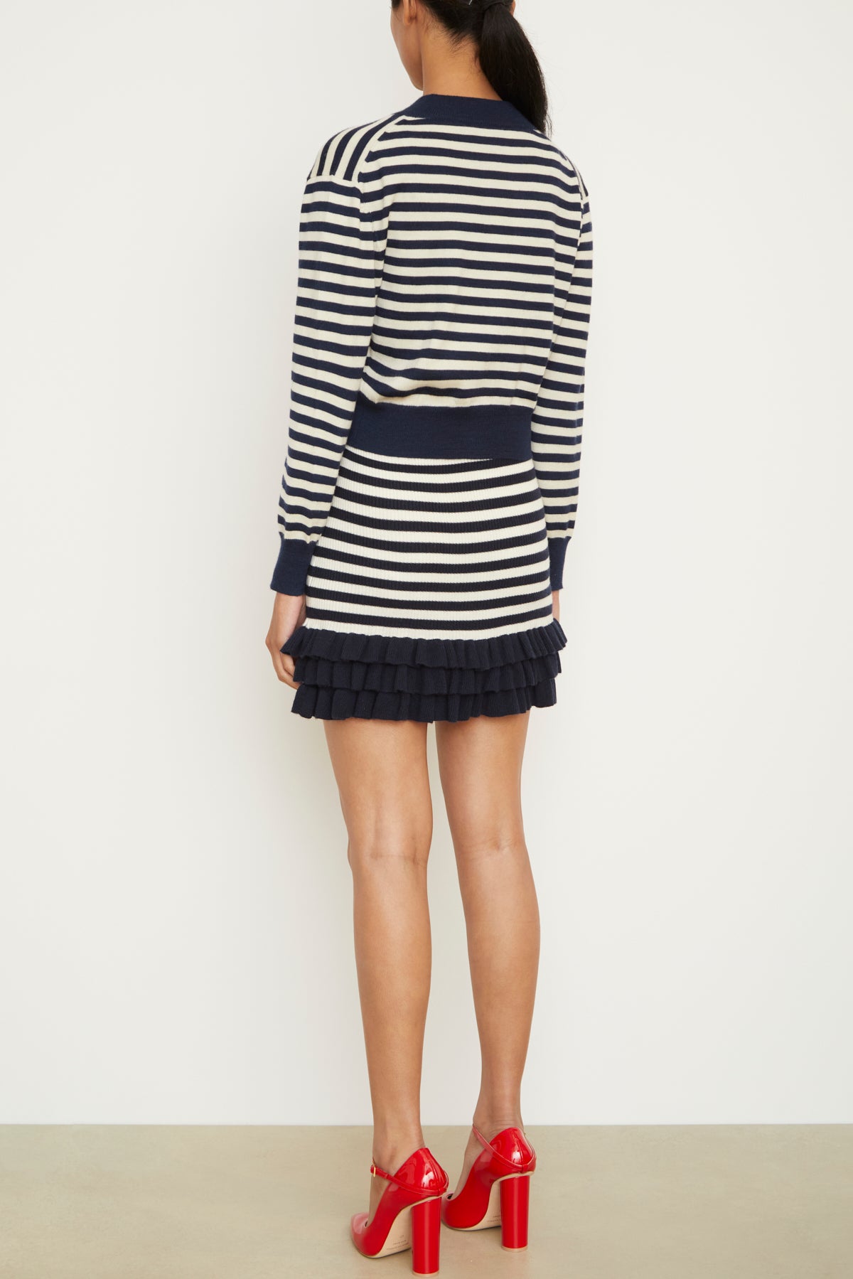 The Aubrey Cashmere Cardigan in Navy and Ivory Stripe
