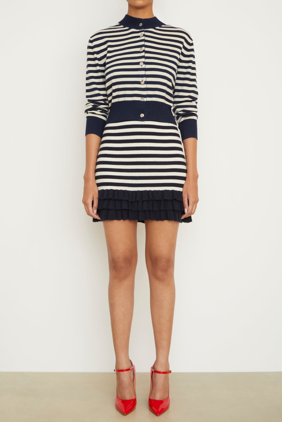The Aubrey Cashmere Cardigan in Navy and Ivory Stripe