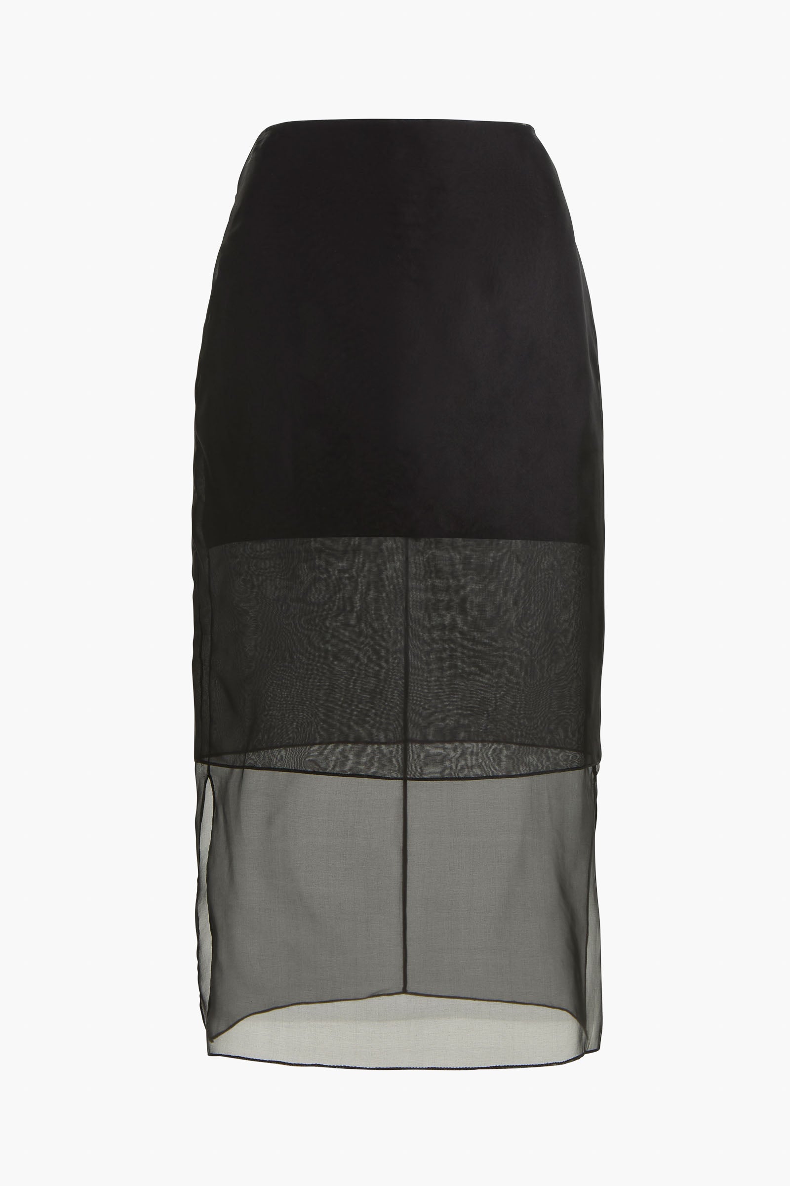 Brett Skirt in Black with a midi skirt with a fitted shape and sheer panels along the lower half.
