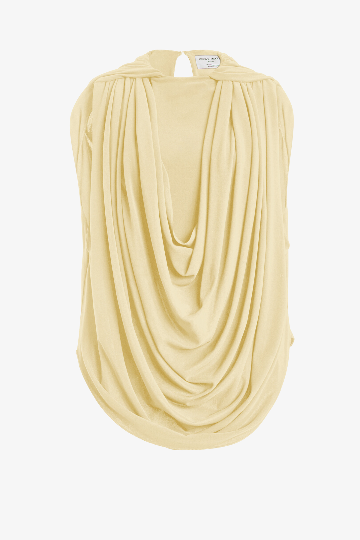 Astor Top in Butter Yellow with deep draped cowl neck and cut-off sleeves.