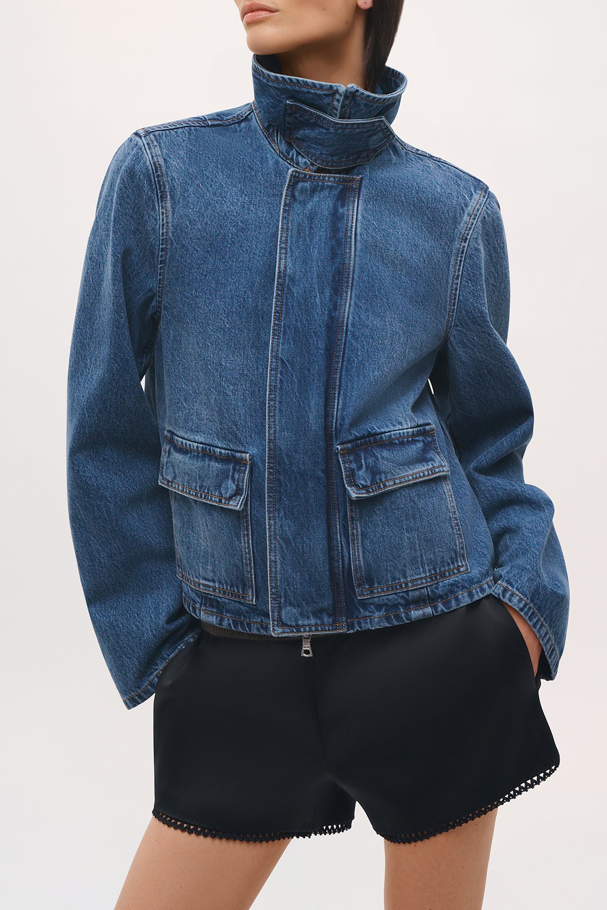 Close up view of the Hayes Jacket in Faded Indigo.