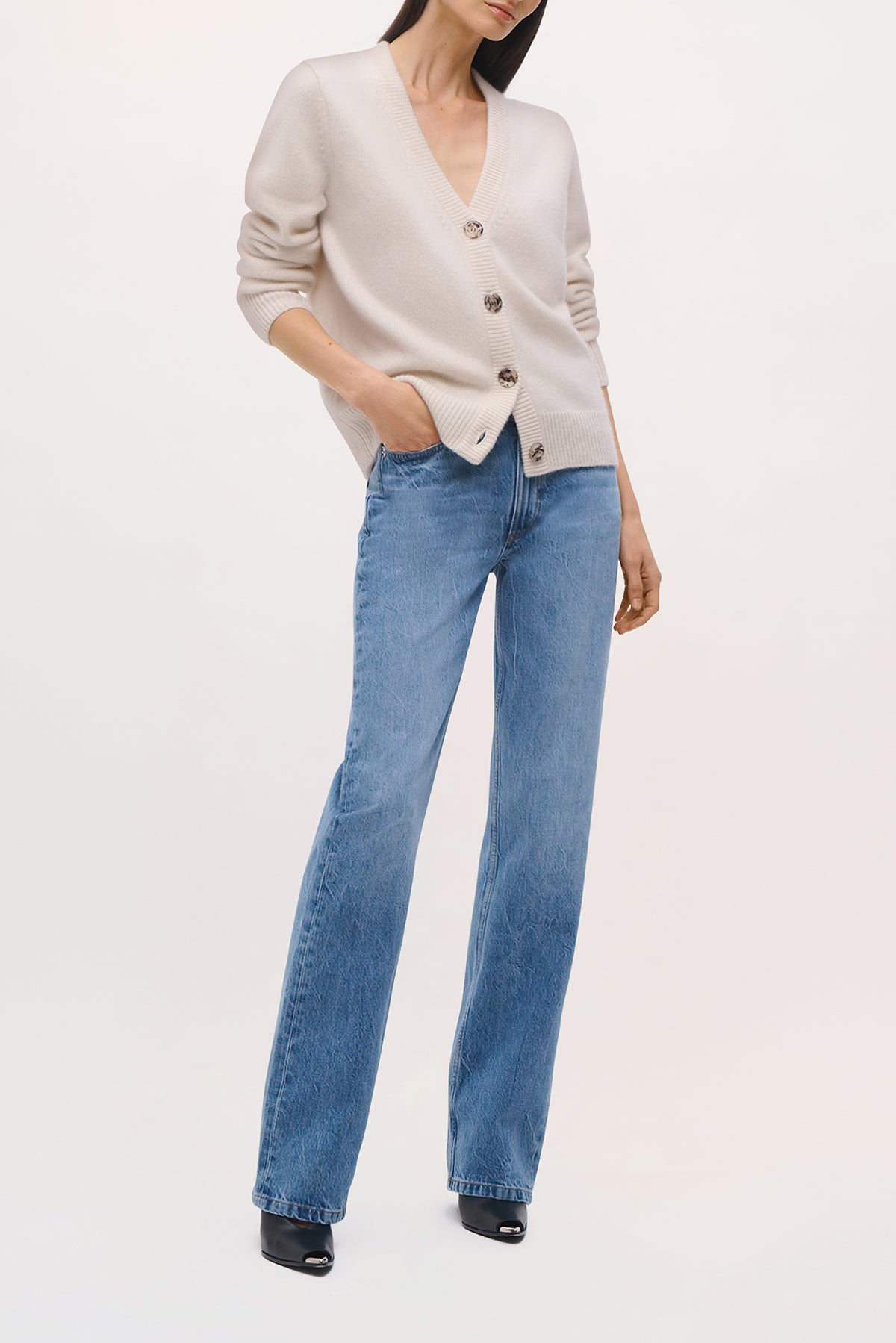 Side view of the Tate Cardigan in Ivory.