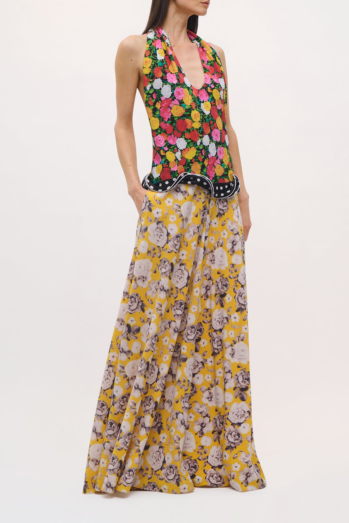 Side view of the Wren Dress in Multifloral and Polkadot.