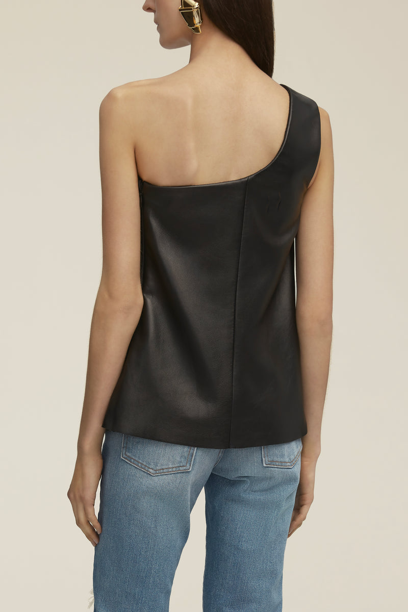 The Delia One Shoulder Top in Black Leather