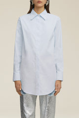 The Mira Boyfriend Button Up with Split Back in Sky Blue