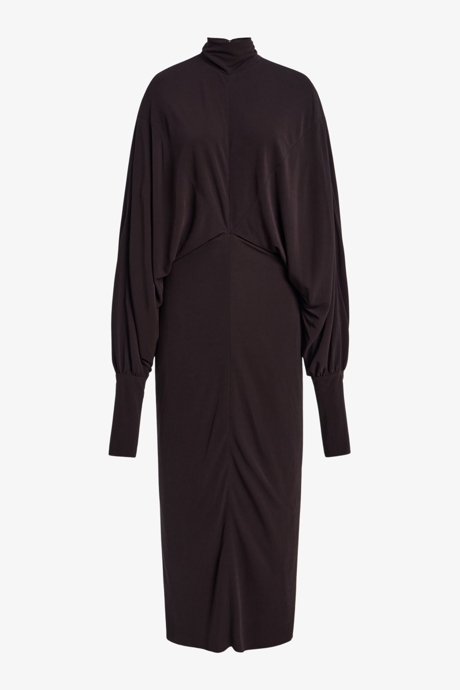 A dark brown midi dress with a mock neck, draped long sleeves, and a gathered waist, shown against a plain light gray background.