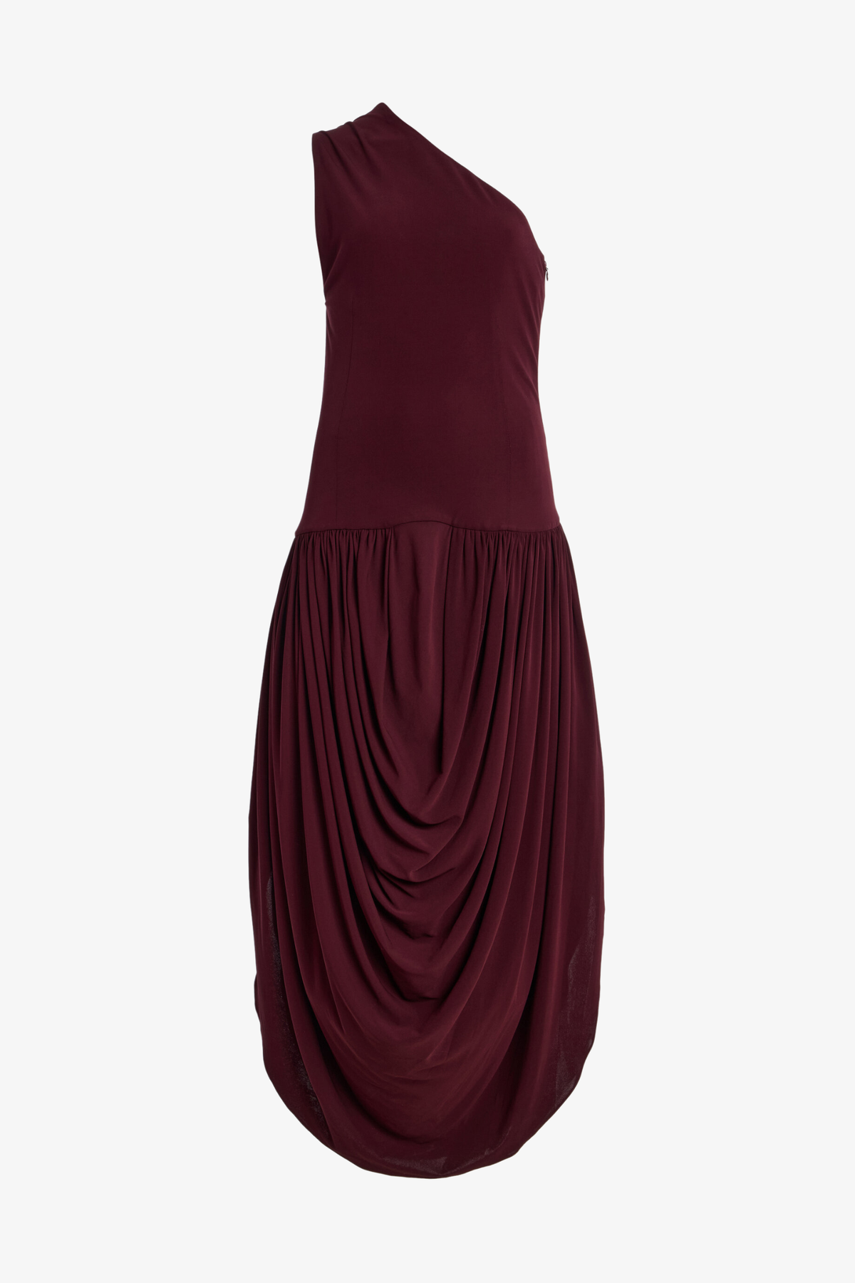 Mila Dress in Merlot front product shot with one shoulder and gathered midi-skirt
