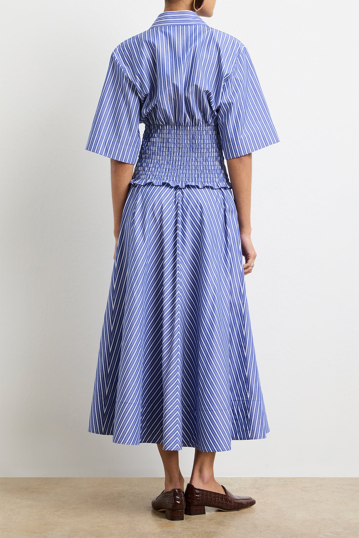 The Harte Smocked Button Up Top in Navy Striped Cotton