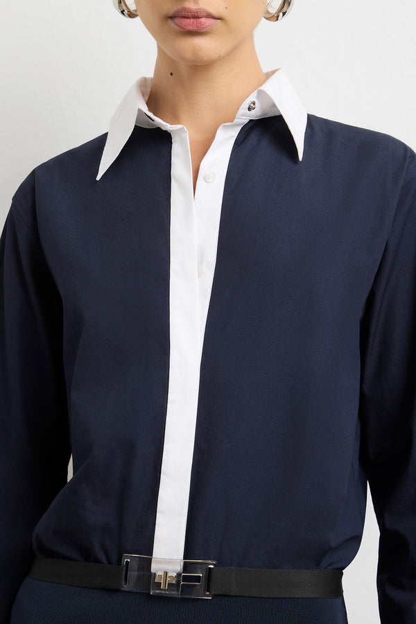 The Exclusive Irene Mini Shirtdress in Navy and White