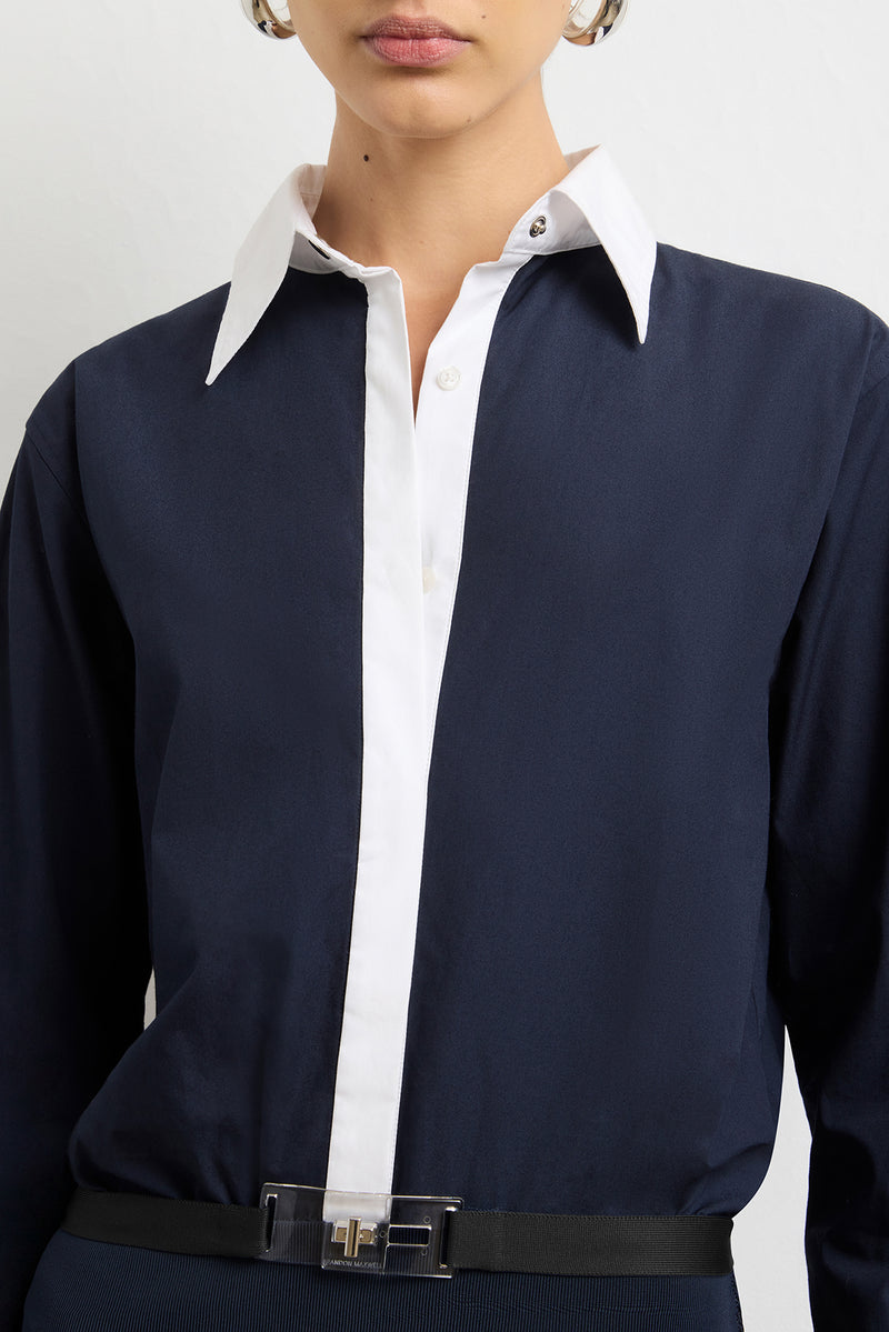 The Exclusive Irene Mini Shirtdress in Navy and White