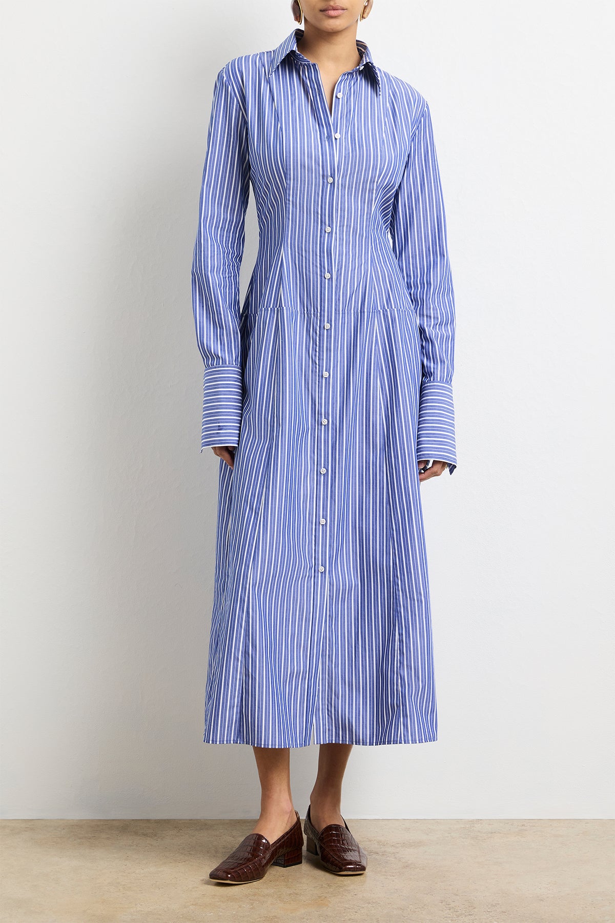 The Sammy Shirtdress in Navy Striped Cotton