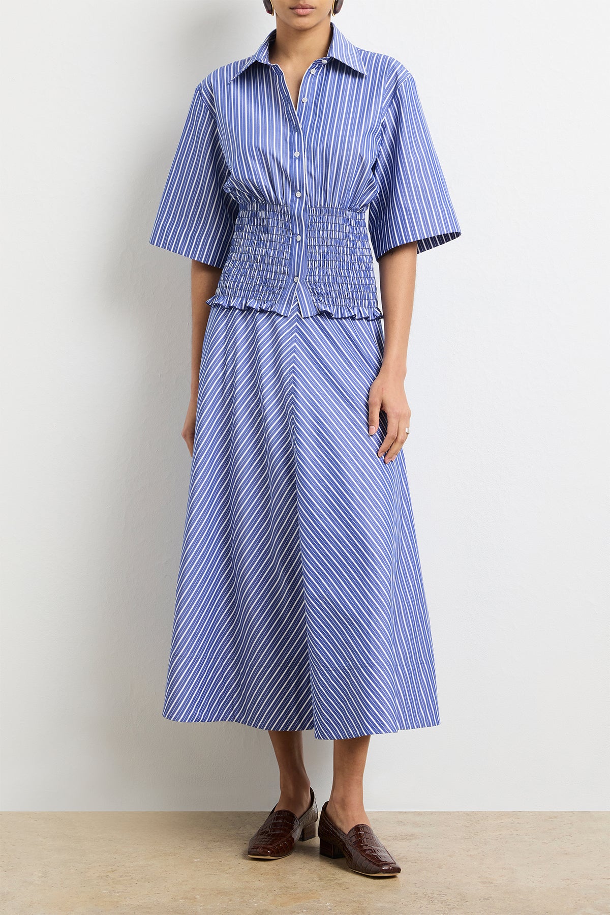 The Harte Smocked Button Up Top in Navy Striped Cotton