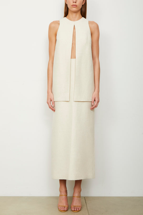 The Astrid Split Front Two Tiered Tea Length Dress in Oatmeal