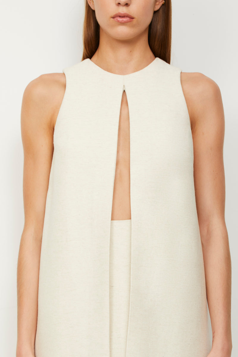 The Astrid Split Front Two Tiered Tea Length Dress in Oatmeal