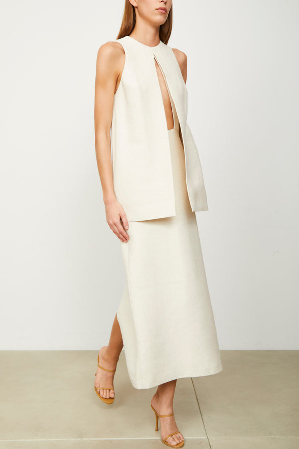 The Astrid Split Front Two Tiered Tea Length Dress in Oatmeal