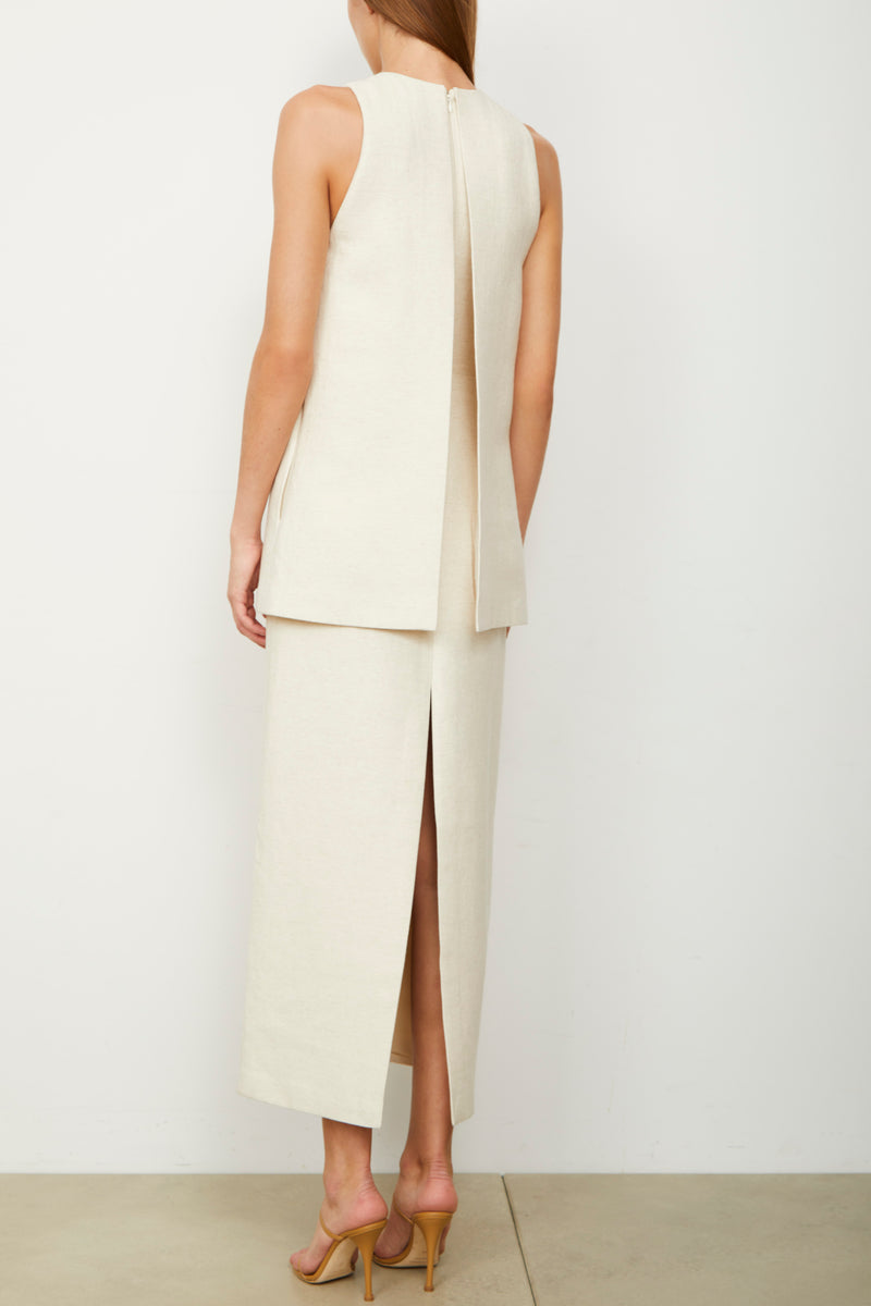The Astrid Split Front Two Tiered Tea Length Dress in Oatmeal