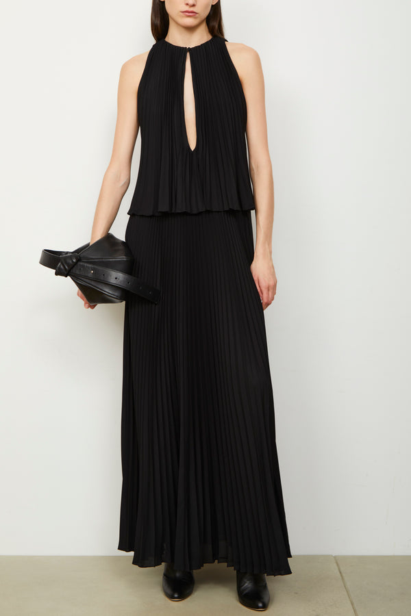 The Hallett Pleated Two Tiered Tea Length Dress in Black