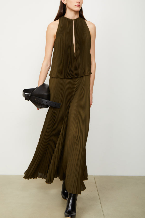 The Hallett Pleated Two Tiered Tea Length Dress in Olive Green