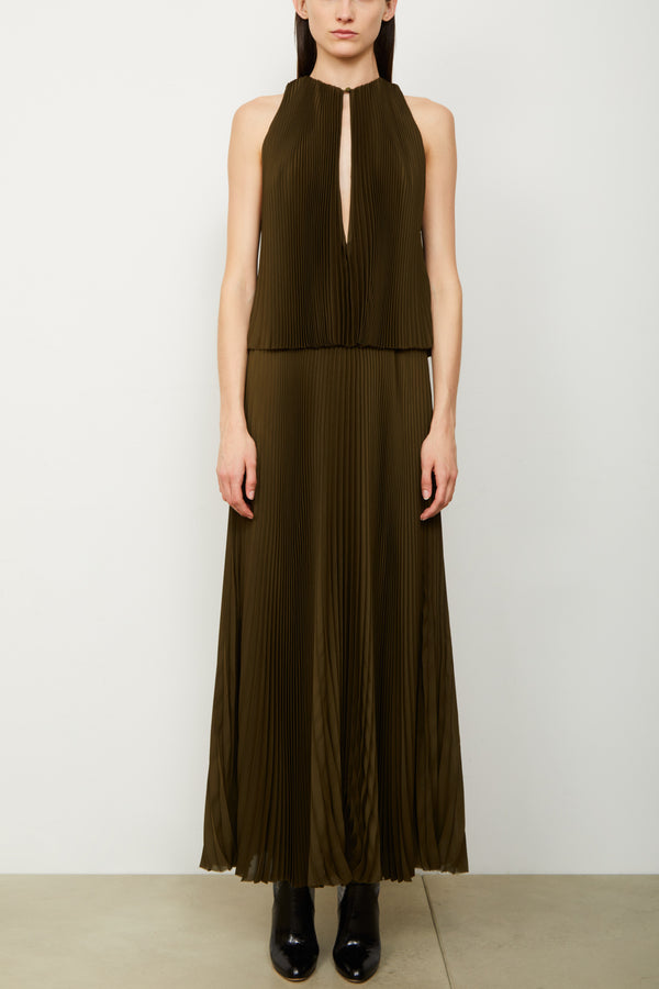 The Hallett Pleated Two Tiered Tea Length Dress in Olive Green