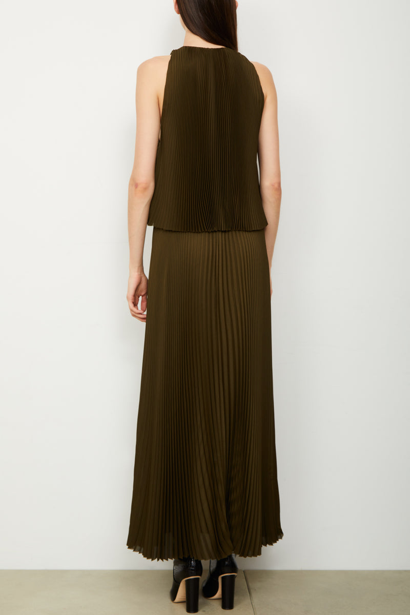 The Hallett Pleated Two Tiered Tea Length Dress in Olive Green