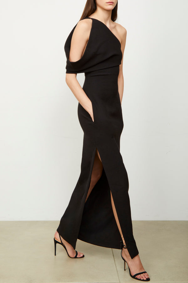 The Romee Draped One Shoulder Gown in Black