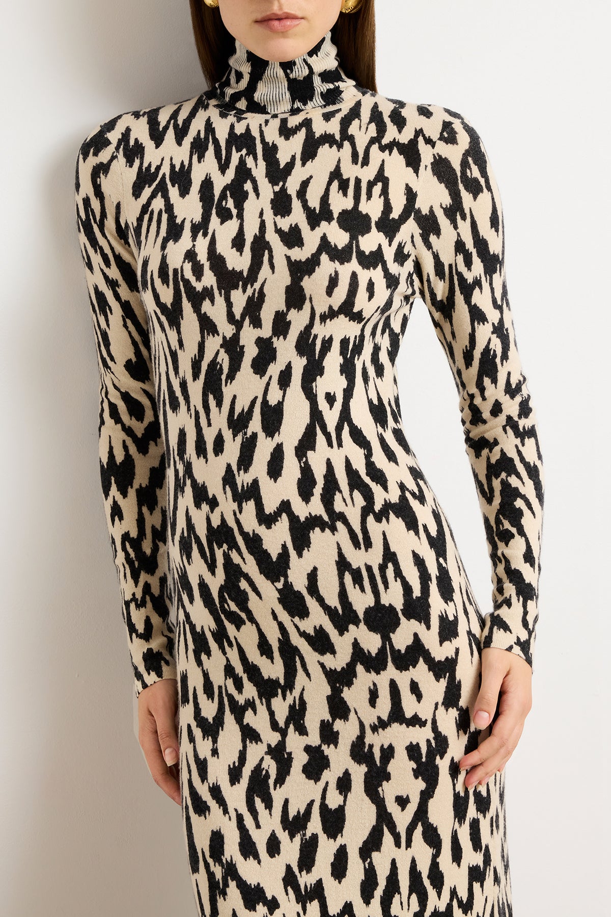 The Camille Hand Printed Cashmere Turtleneck Dress in Abstract Leopard