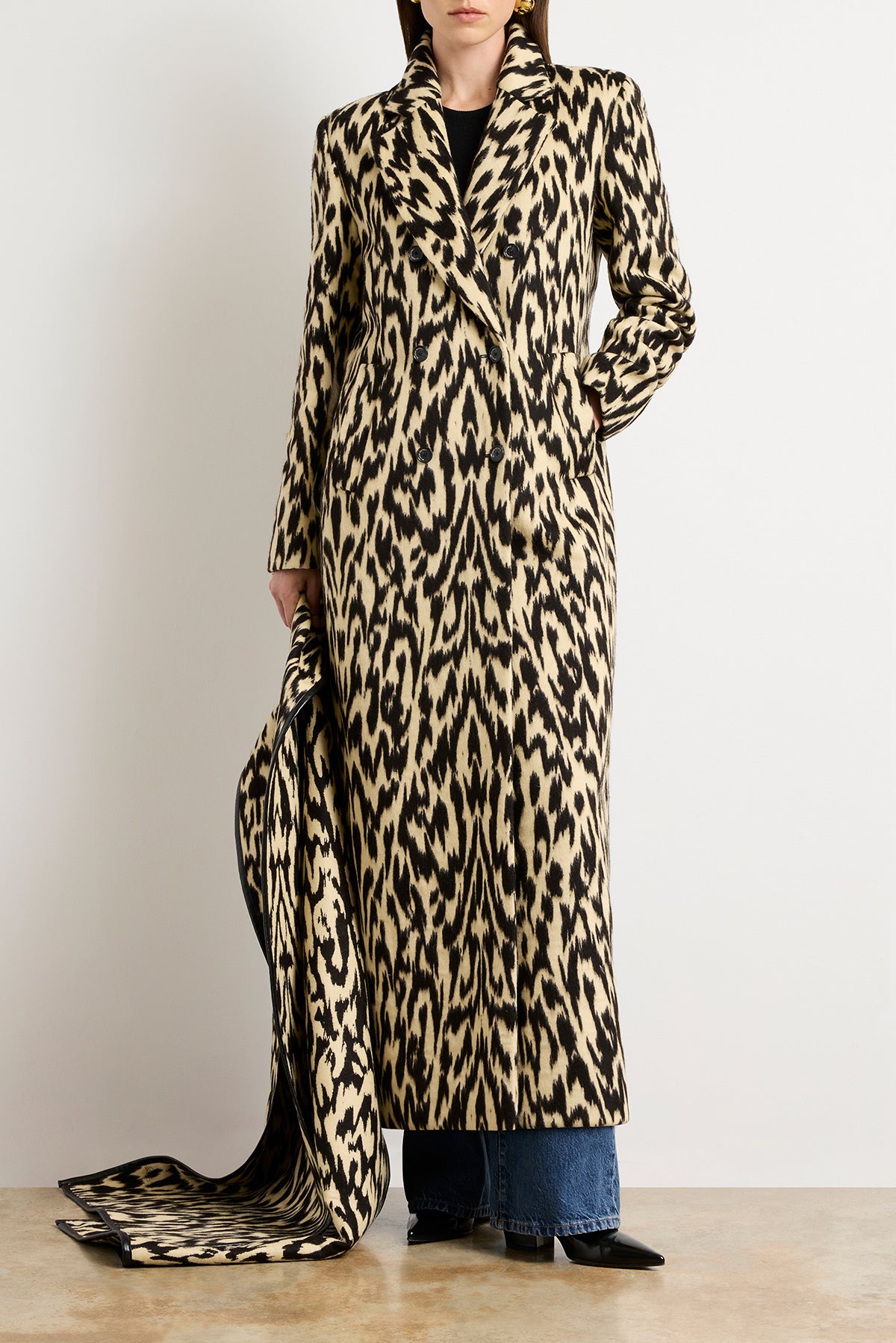 The Demi Double Breasted Coat with Scarf in Abstract Leopard