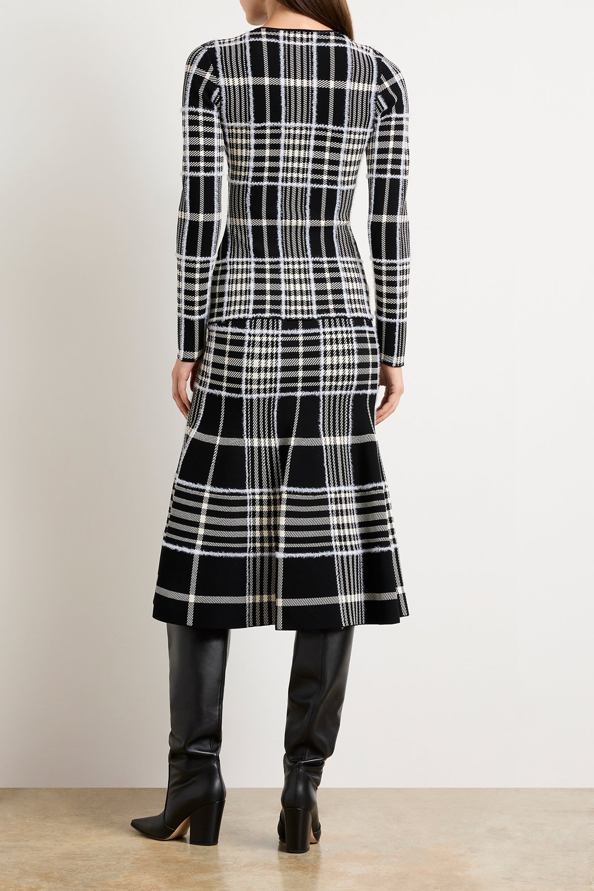 The Greer Zip Front Plaid Jacquard Knit Cardigan in Black Plaid
