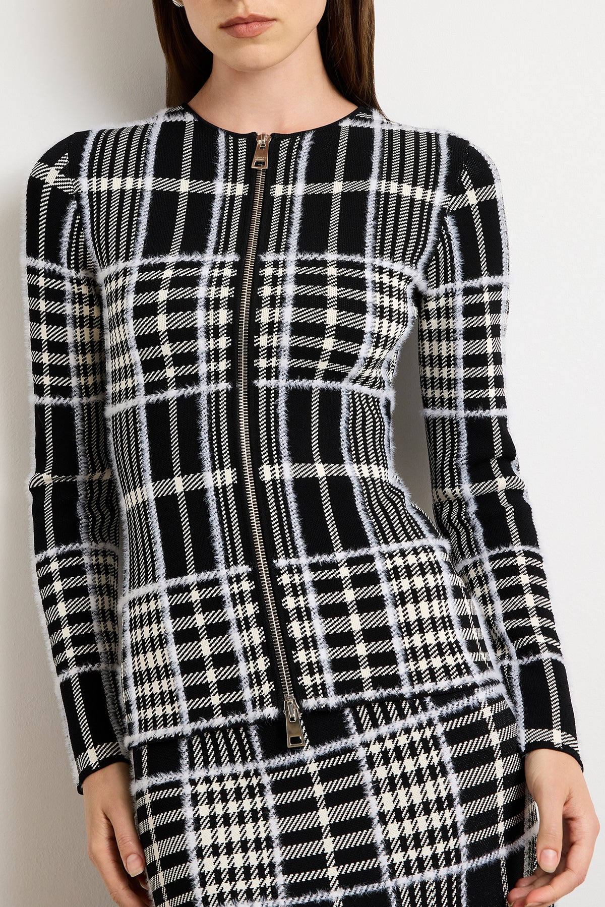 The Greer Zip Front Plaid Jacquard Knit Cardigan in Black Plaid