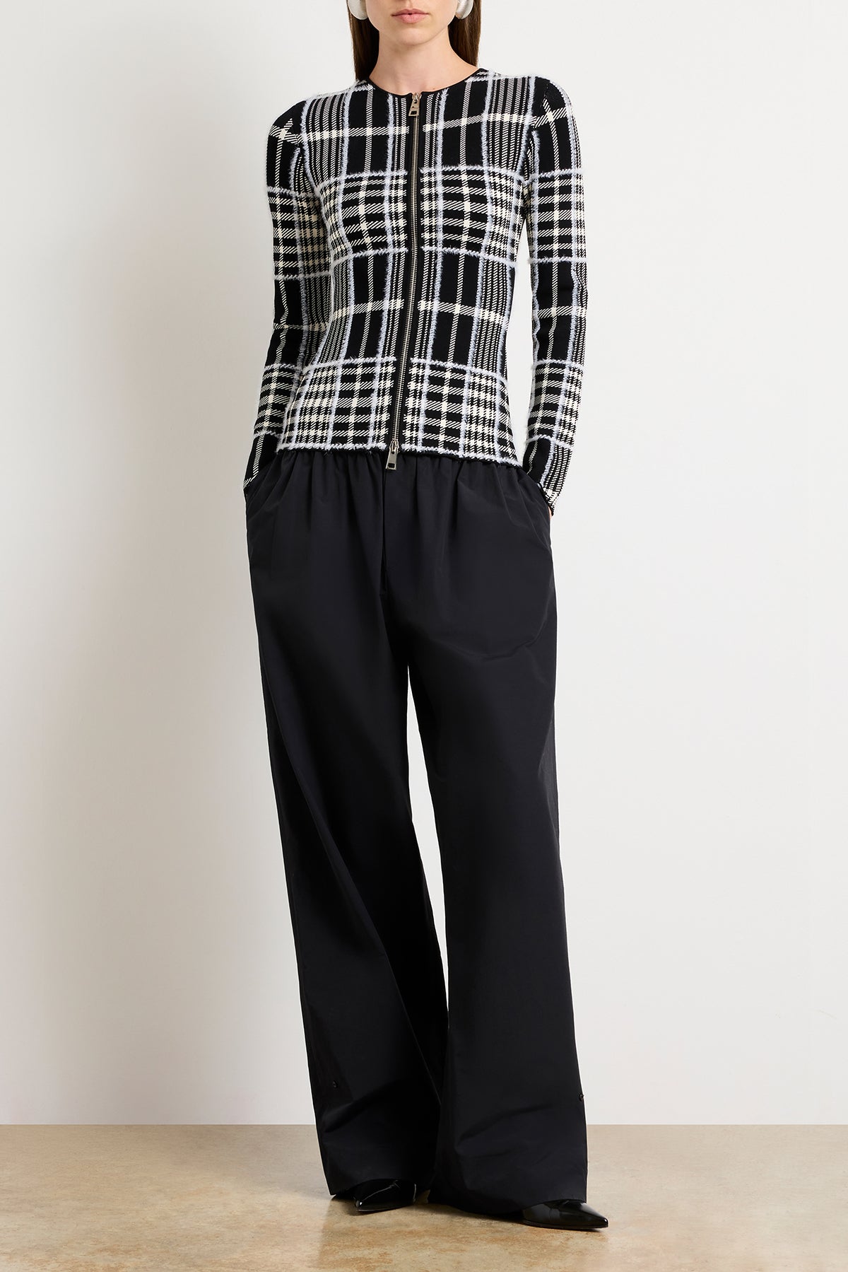 The Greer Zip Front Plaid Jacquard Knit Cardigan in Black Plaid